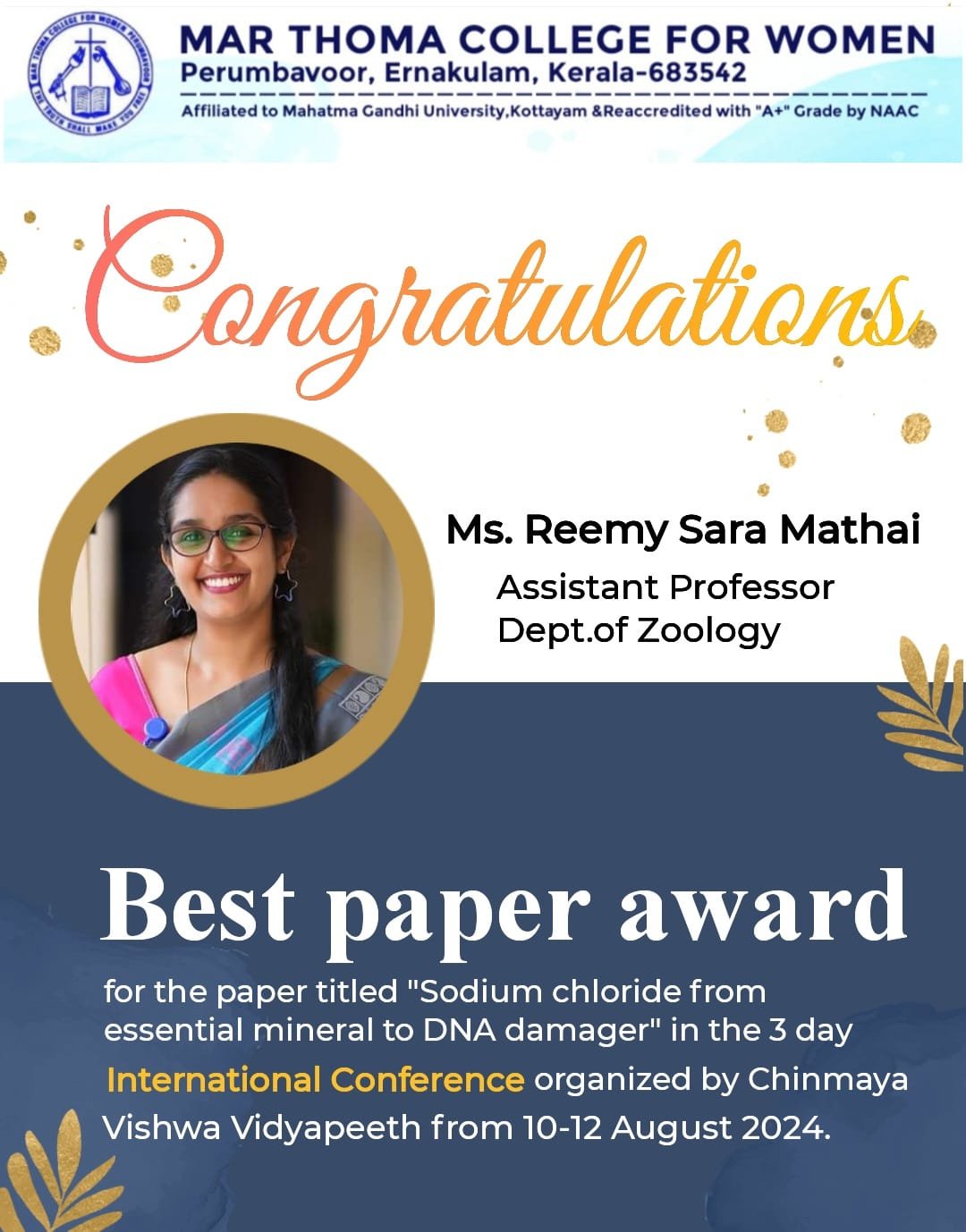 Congratulations to Ms. Reemy Sara Mathai